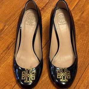 Tory Burch Black Patent Leather Logo Ballet Wedges